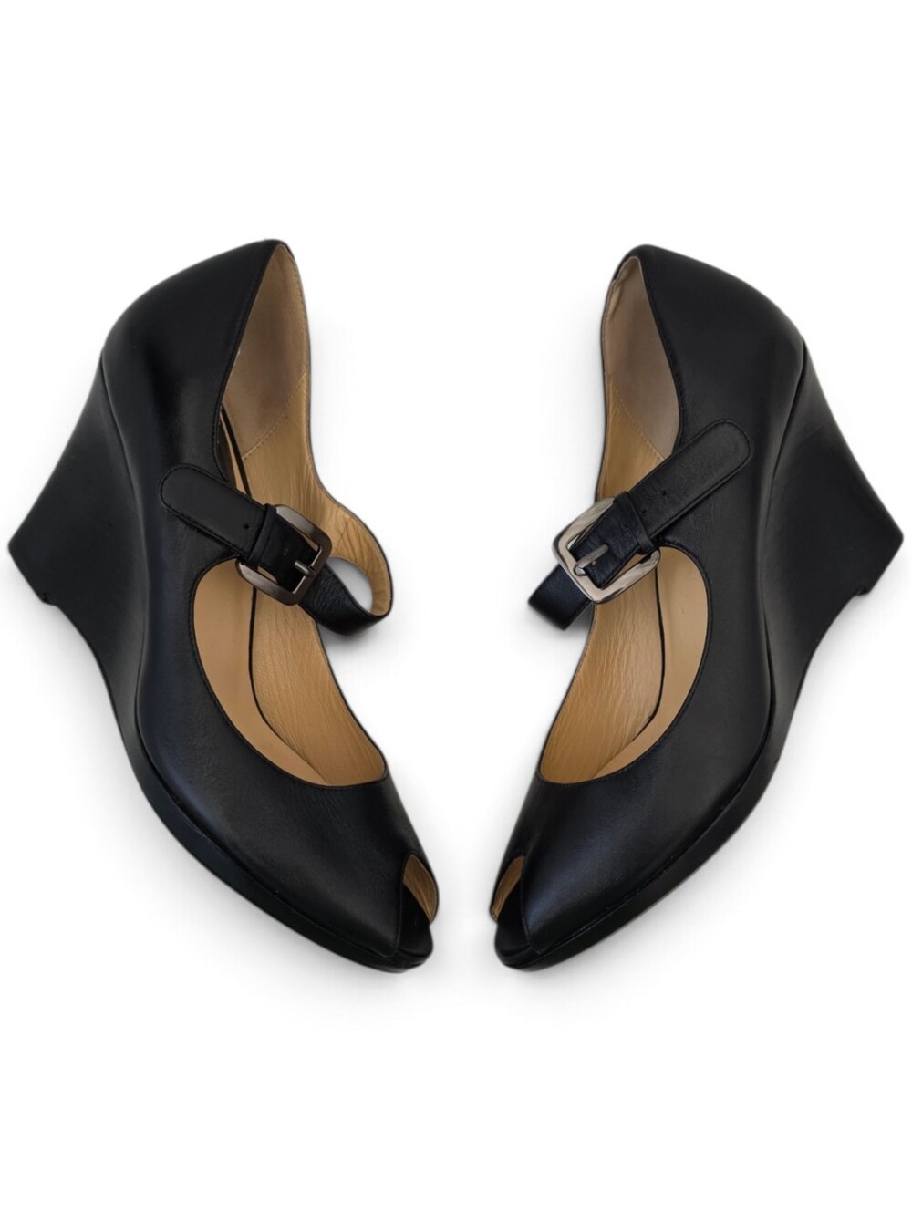 Vintage Cole Haan Nike Air Black Leather Mary Jane Wedge Heels Peep Toe 8B